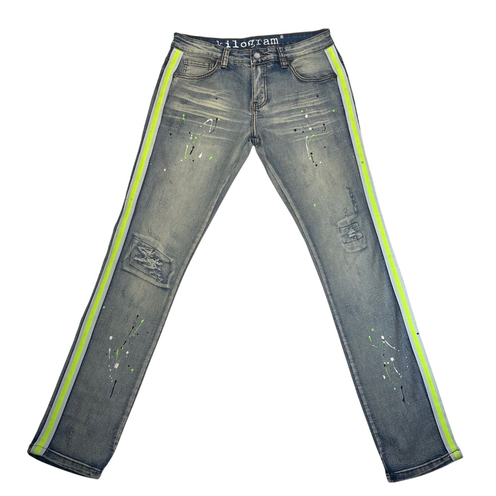 Kilogram Jeans Blue Paint Splatter Neon Side Stripe Distressed Mens Size 32